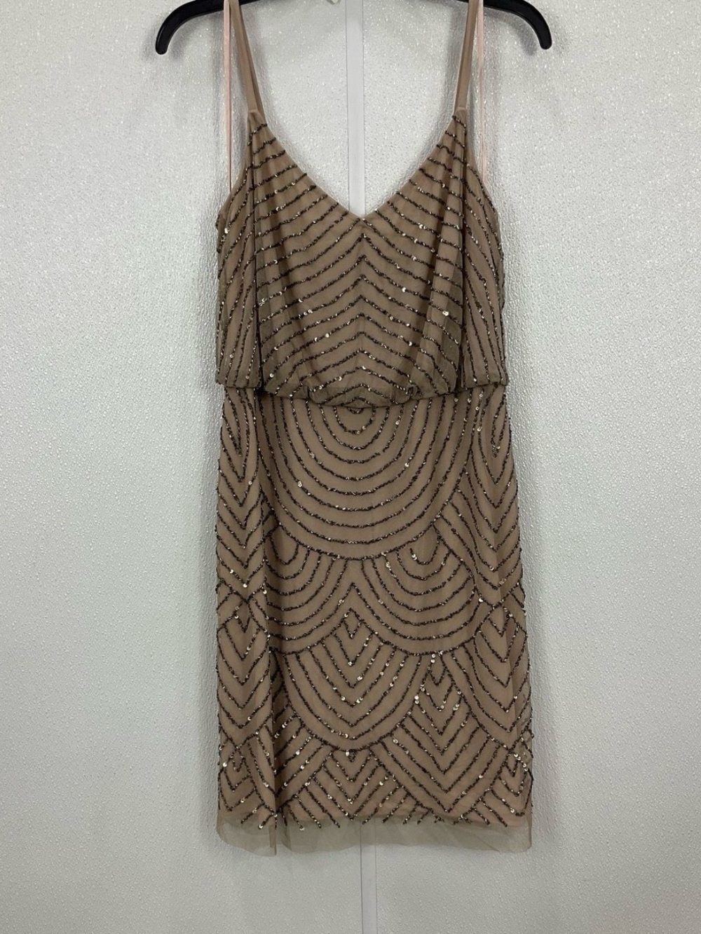 Adrianna Papell Nude Beaded V-Neck Spaghetti Strap Dress